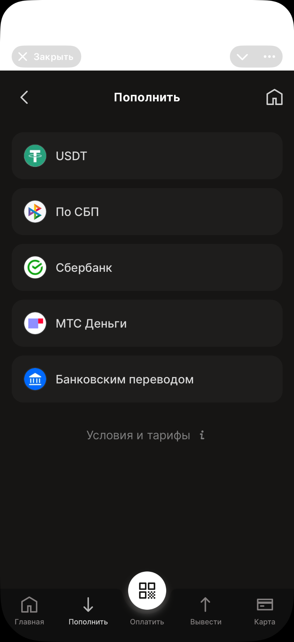 Экран пополнения Spicy Wallet